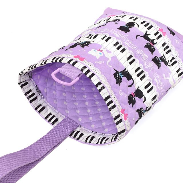 アウトレット シューズケース キルティング(ネームタグ付き) ピアノの上で踊る黒猫ワルツ(ラベンダー)