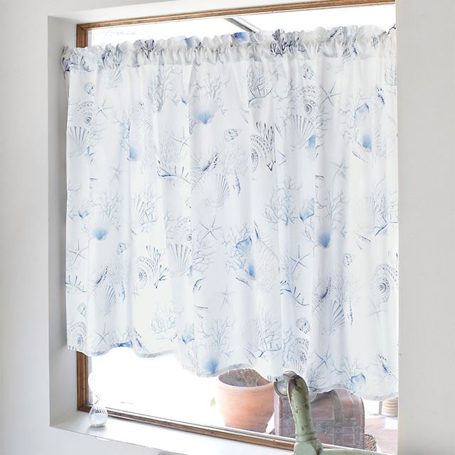 アウトレット カフェカーテン 綿100% (72cm×100cm) スタンダードタイプ コーラル＆シェル