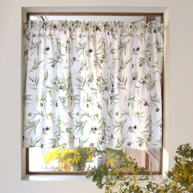 アウトレット カフェカーテン 綿100% (72cm×142cm) スタンダードタイプ オリーブツリー