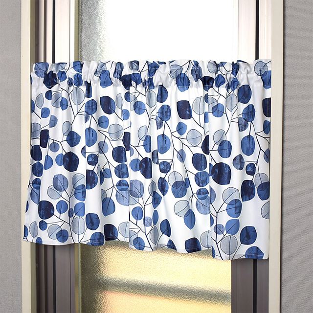 アウトレット カフェカーテン 綿100% (47cm×100cm) スタンダードタイプ ネイビーリーフ