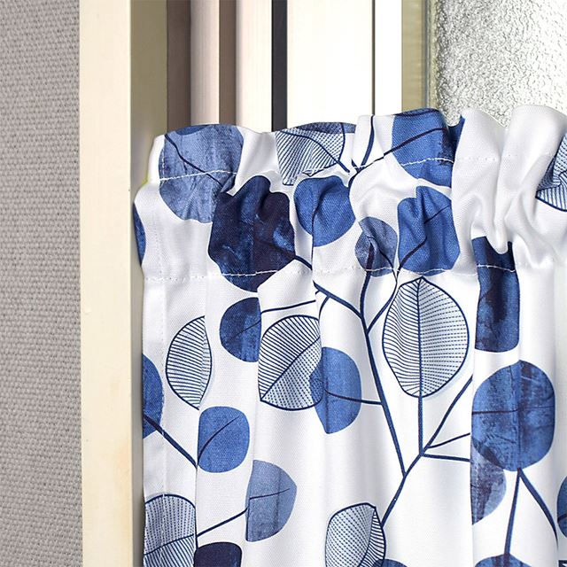 アウトレット カフェカーテン 綿100% (47cm×100cm) スタンダードタイプ ネイビーリーフ