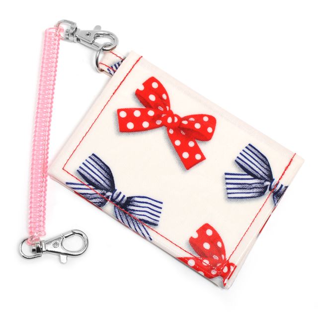 アウトレット パスケース ポルカドットとストライプのフレンチリボン(アイボリー)