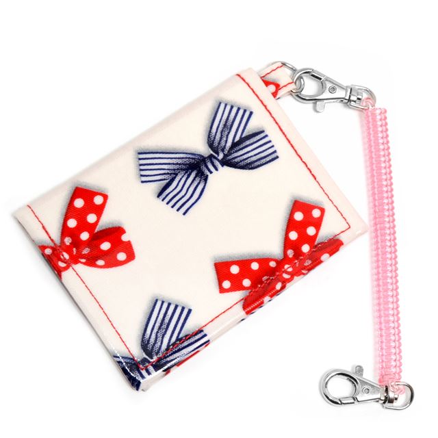 アウトレット パスケース ポルカドットとストライプのフレンチリボン(アイボリー)