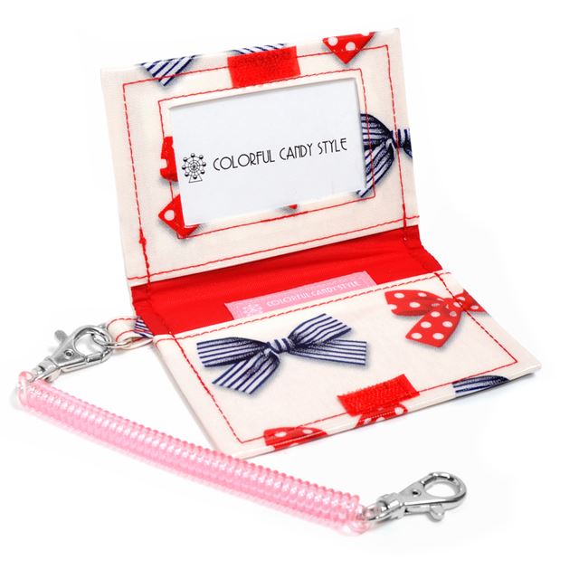 アウトレット パスケース ポルカドットとストライプのフレンチリボン(アイボリー)