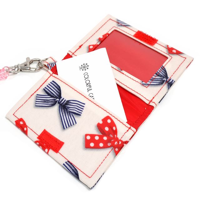 アウトレット パスケース ポルカドットとストライプのフレンチリボン(アイボリー)