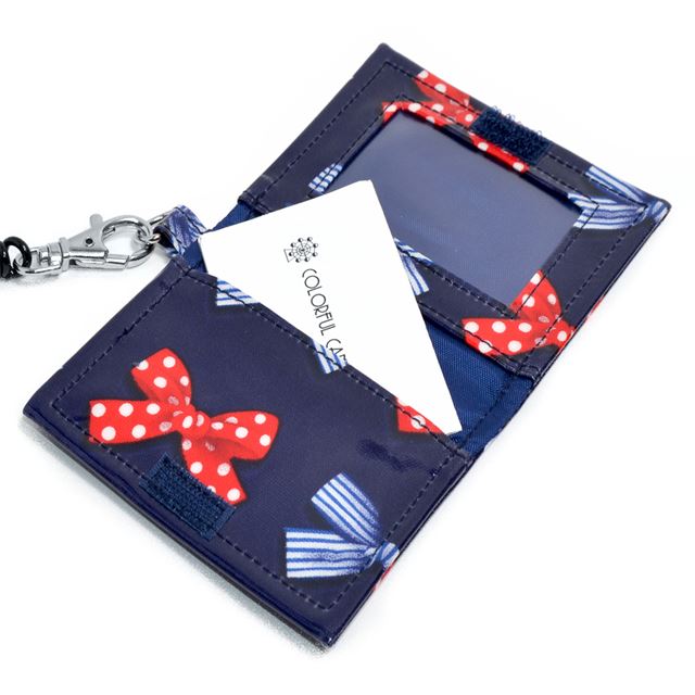 【10%OFF：クリスマスセール】 アウトレット パスケース ポルカドットとストライプのフレンチリボン(ネイビー)