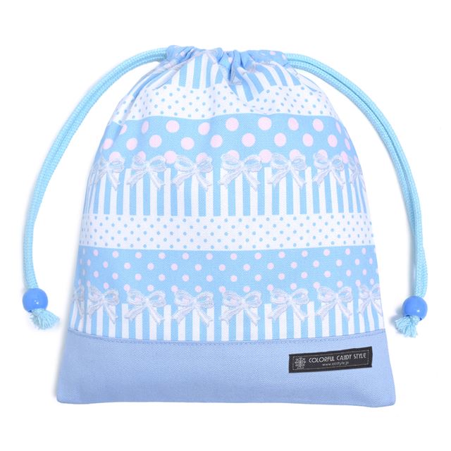 ゆうパケット対応 アウトレット 巾着 中 マチ無し給食袋(ネームタグ付き) ポルカドットとレースリボンに魅せられて(ライトブルー)