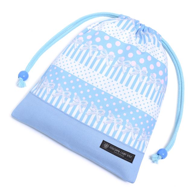 ゆうパケット対応 アウトレット 巾着 中 マチ無し給食袋(ネームタグ付き) ポルカドットとレースリボンに魅せられて(ライトブルー)