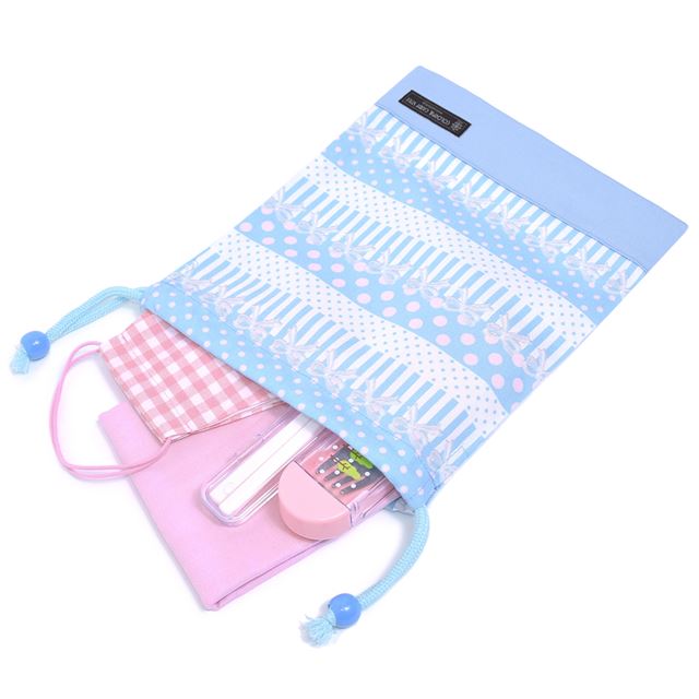 ゆうパケット対応 アウトレット 巾着 中 マチ無し給食袋(ネームタグ付き) ポルカドットとレースリボンに魅せられて(ライトブルー)