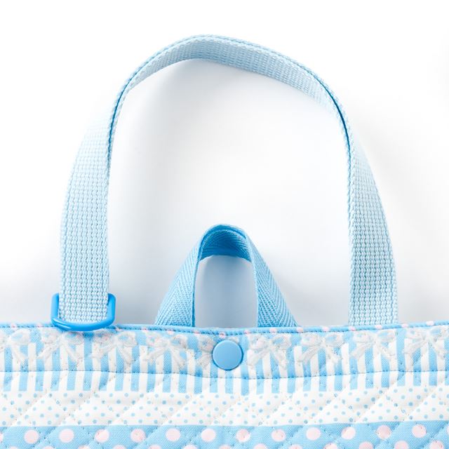 アウトレット マチ付きキルティングレッスンバッグ(ループ付き) ポルカドットとレースリボンに魅せられて(ライトブルー)