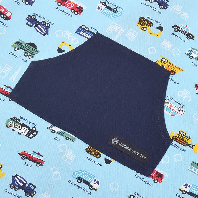 アウトレット バッククロス子どもエプロン(100～120cm) アクセル全開はたらく車(ライトブルー)