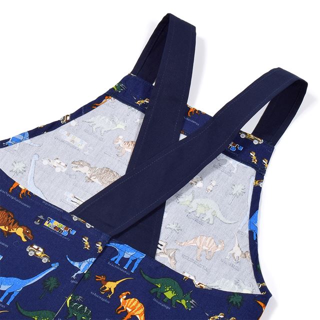 アウトレット バッククロス子どもエプロン(100～120cm) 発見!探検!恐竜大陸(ネイビー)