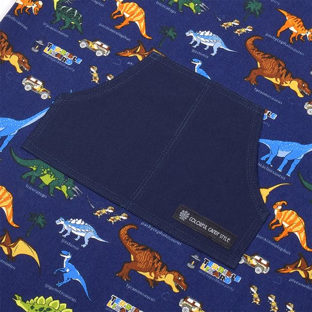 アウトレット バッククロス子どもエプロン(100～120cm) 発見!探検!恐竜大陸(ネイビー)