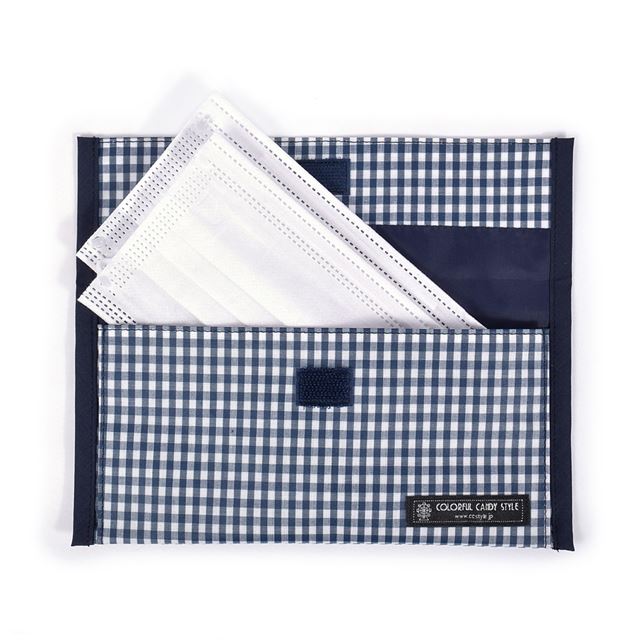 アウトレット 抗菌 マスクケース ダブルポケット(携帯用) チェック大・紺