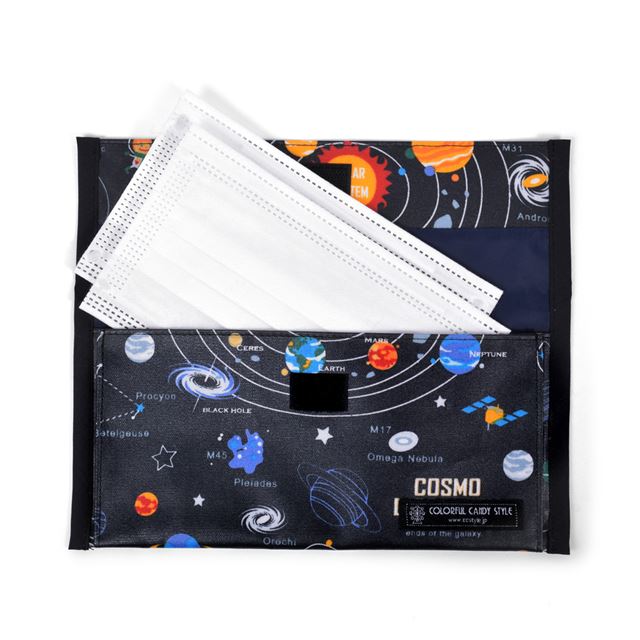 【10%OFF：クリスマスセール】 アウトレット 抗菌 マスクケース ダブルポケット(携帯用) 太陽系惑星とコスモプラネタリウム(ブラック)