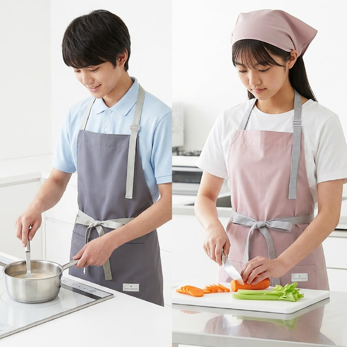 高校生・中学生向けの万能エプロン。中学・高校・大学の学校イベントにも幅広く対応する、汎用性の高い腰ひもエプロンです。