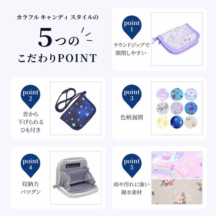 カラフルキャンディスタイルのコインケース。首掛け可能で、ファスナータイプの子供用の小銭入れ。男の子と女の子兼用でお出掛けでも大活躍。