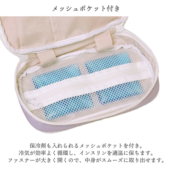 必要な道具をすっきり収納できるインスリンポーチ。血糖値測定器や注射針などを6つのポケットに分けて収納でき、コンパクトながら複数のアイテムを整理できるため、持ち運びもスマートです。