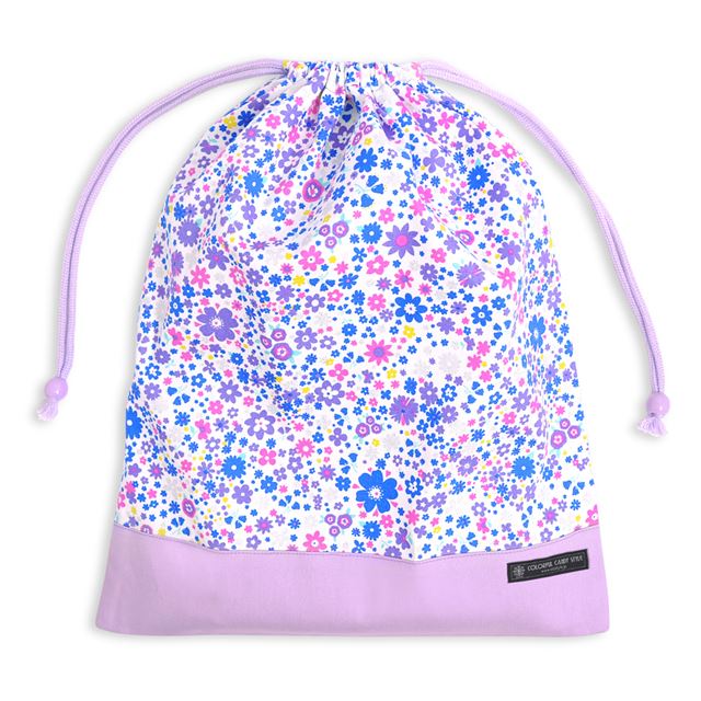 [SALE: 30% OFF] Drawstring bag Large gym clothes bag (with name tag) Airy shower with flower pattern (lavender) 