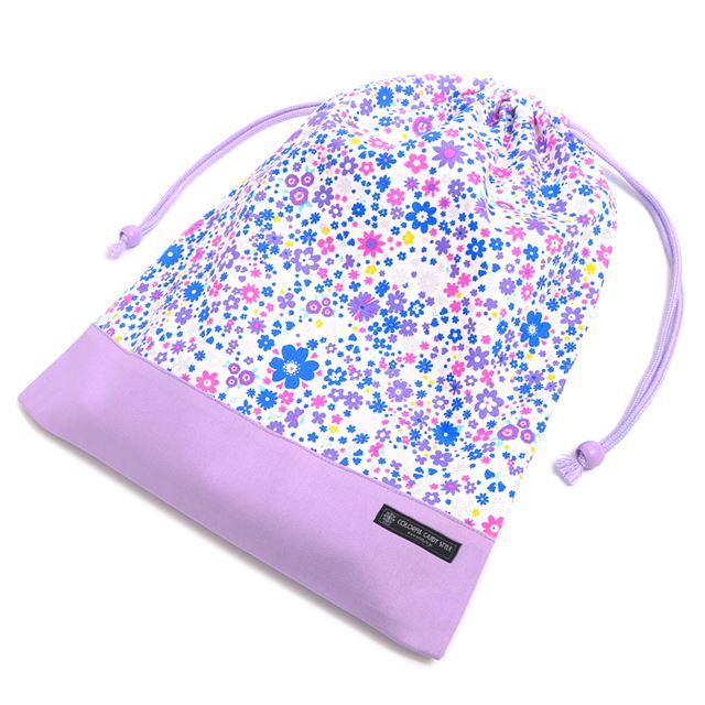 [SALE: 30% OFF] Drawstring bag Large gym clothes bag (with name tag) Airy shower with flower pattern (lavender) 