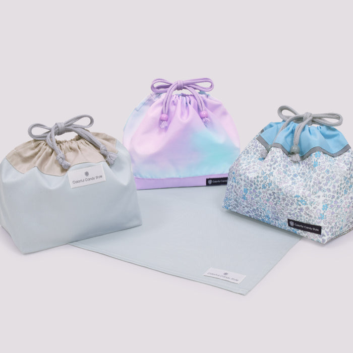 カラフルキャンディスタイルのお弁当袋。子供用で、お弁当箱やお箸が入るかわいいマチ付き巾着袋。男の子と女の子兼用で大活躍。