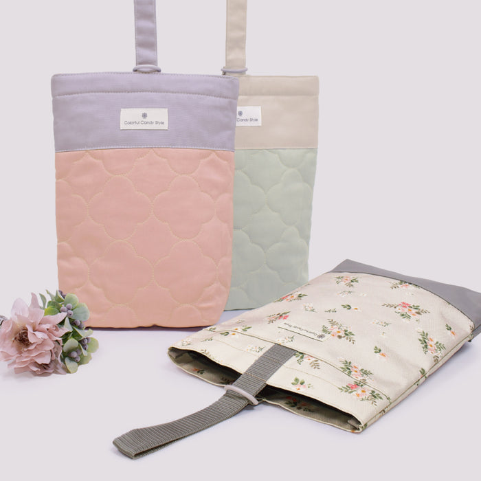 カラフルキャンディスタイルのシューズケース。キルティングの高級感。巾23cmのゆったりサイズで保育園・幼稚園・小学低学年まで使えるシューズバッグです。