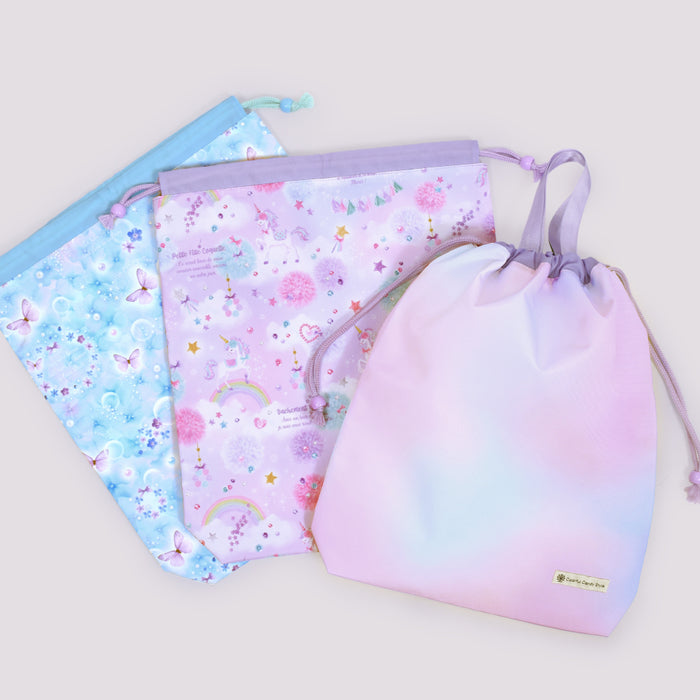 カラフルキャンディスタイルの体操服袋。子供用で、体操服やお着替えが入る巾着袋。男の子と女の子兼用で大活躍。