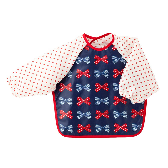 Meal Apron Long Sleeve Type Polka Dot and Stripe French Ribbon (Navy) 