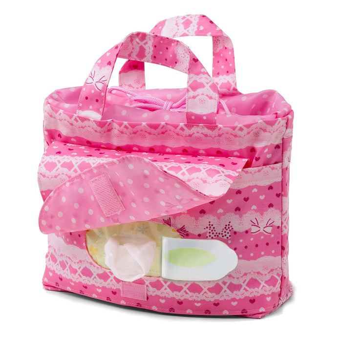 [SALE: 60% OFF] Diaper pouch M (drawstring tote type) Pretty cute with ribbon and lace pattern (sweet pink) 