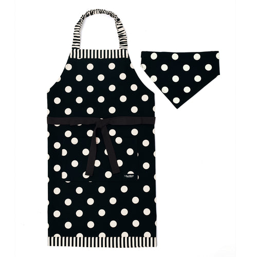 [SALE: 50% OFF] decor PolkaDot apron size 130-160 polka dot large(twill・black)×narrow stripe(twill・black) 