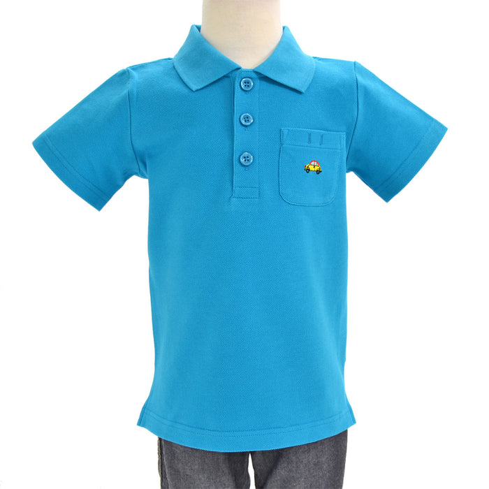 [SALE: 80% OFF] Polo shirt (short sleeve, 110cm) turquoise x car (embroidered) 