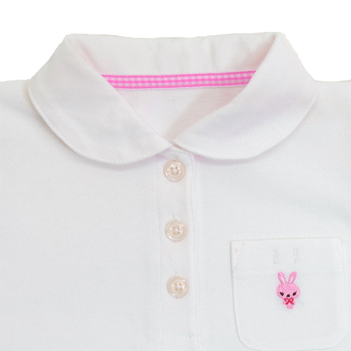 ポロシャツ(半袖・100cm) ホワイト×うさぎ・ピンク(刺繍入り)