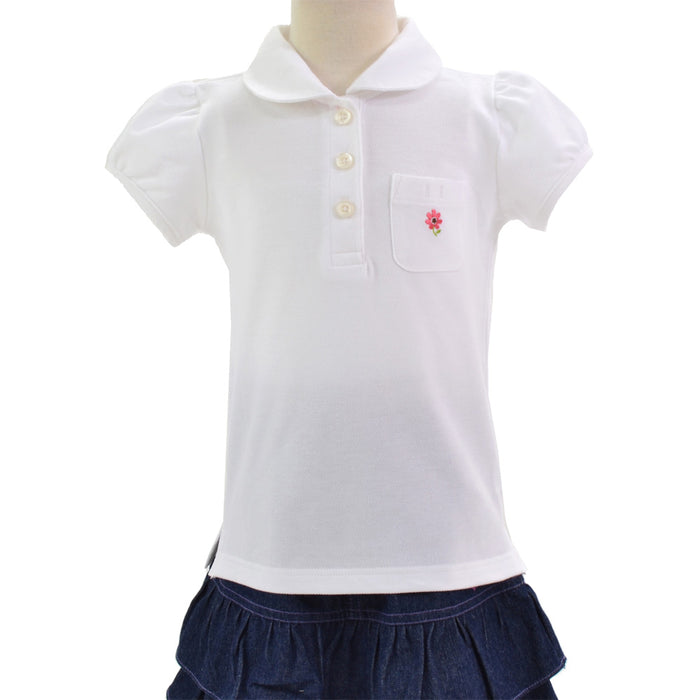 ポロシャツ(半袖・100cm) ホワイト×フラワー(刺繍入り)