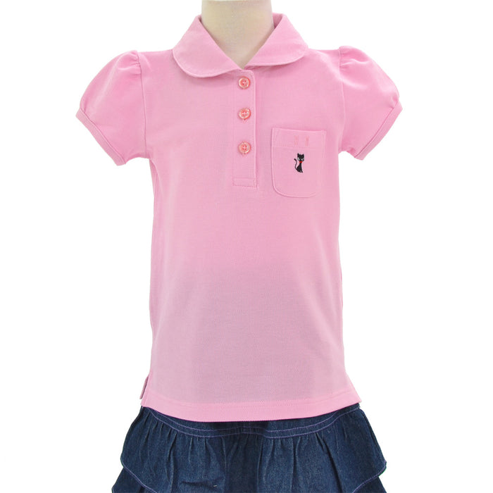 【サマーセール：45%OFF】 ポロシャツ(半袖・120cm) ピンク×黒猫(刺繍入り)