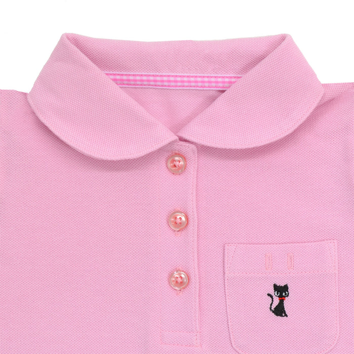 ポロシャツ(半袖・100cm) ピンク×黒猫(刺繍入り)