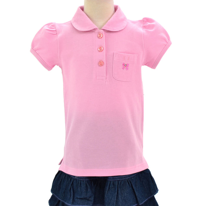 ポロシャツ(半袖・110cm) ピンク×ドットリボン(刺繍入り)