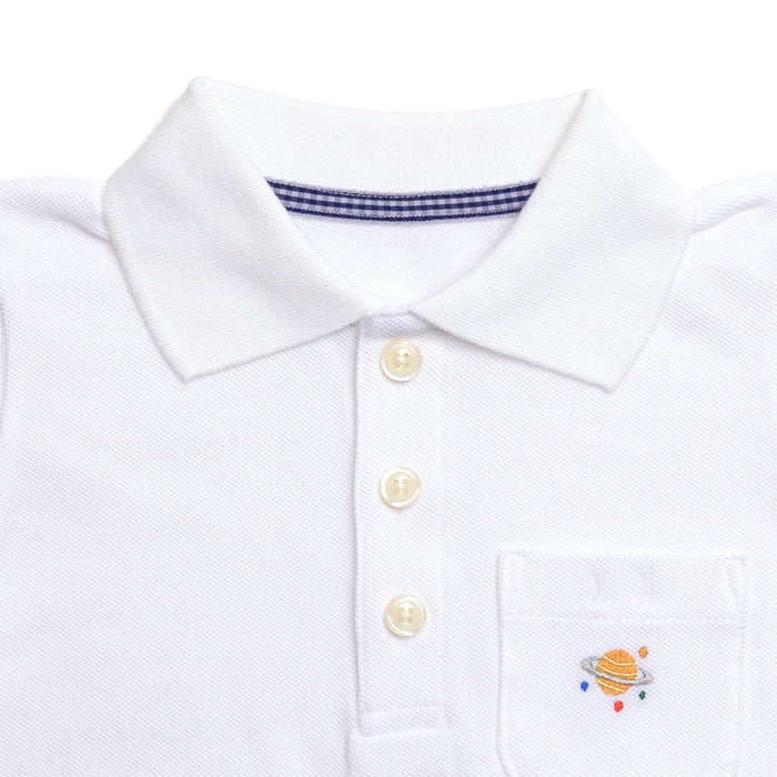 ポロシャツ(半袖・100cm) ホワイト×土星(刺繍入り)