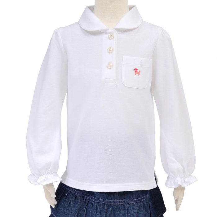 ポロシャツ(長袖・ 100cm) ホワイト×プードル(刺繍入り)