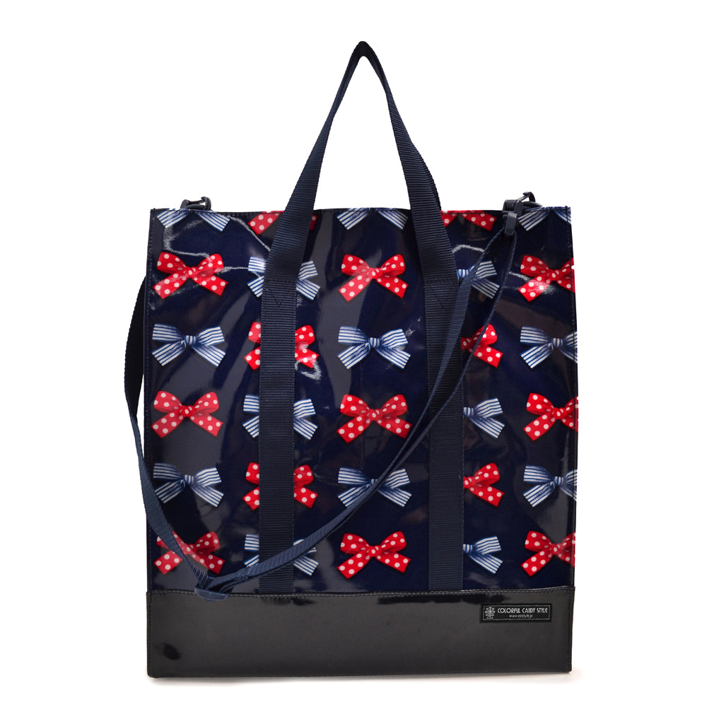 縦型レッスンバッグ・音楽バッグ ポルカドットとストライプのフレンチリボン(ネイビー)