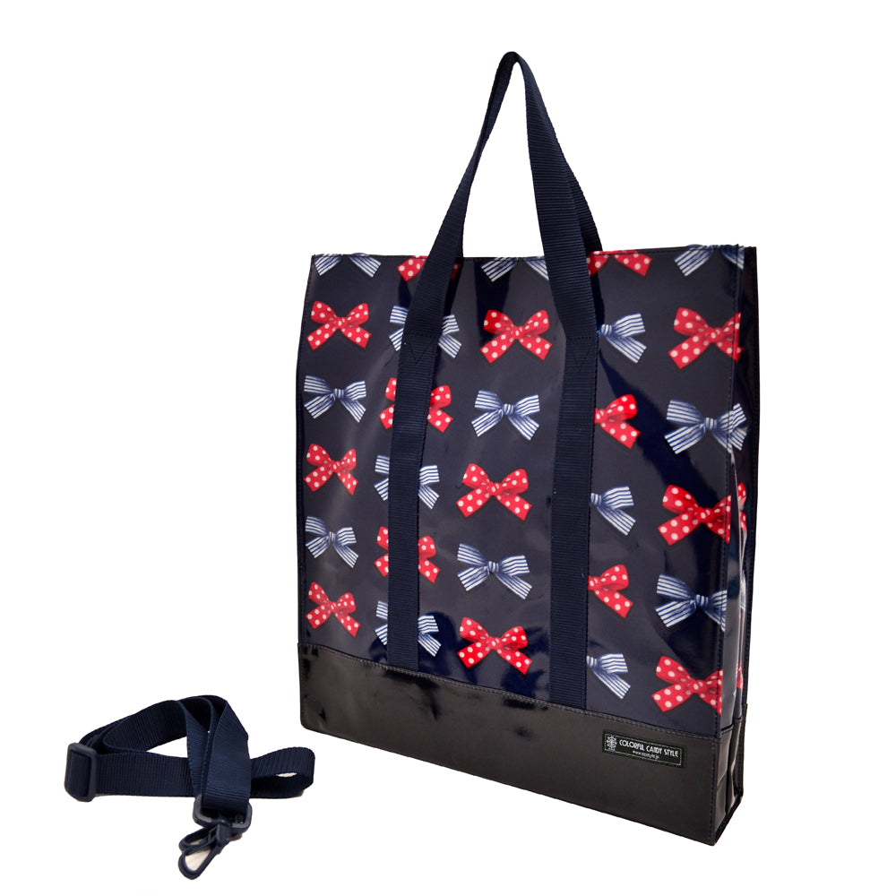 縦型レッスンバッグ・音楽バッグ ポルカドットとストライプのフレンチリボン(ネイビー)