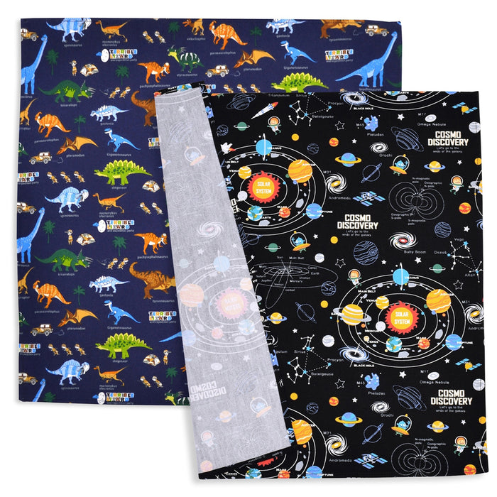 Lunch cloth/lunch napkin (45cm x 45cm) set of 2 different patterns Solar system planets and dinosaur continent set 