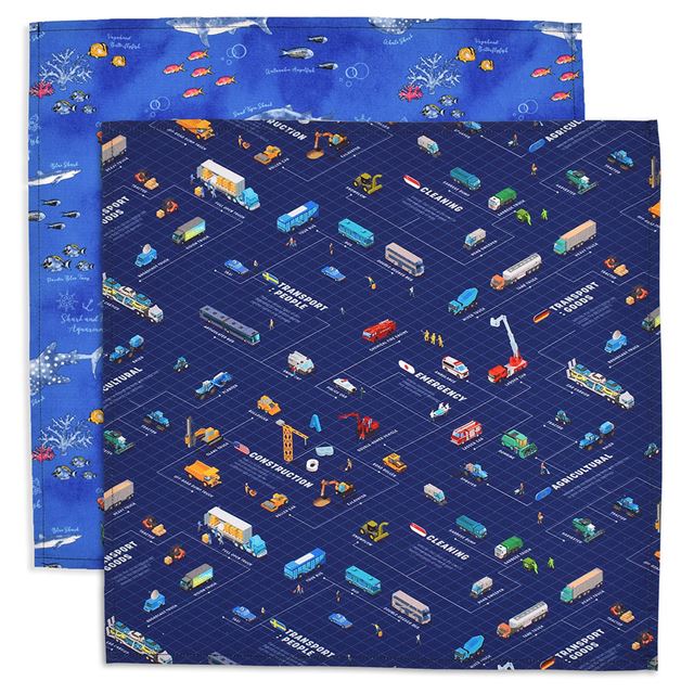 Lunch cloth/lunch napkin (45cm x 45cm) set of 2 different patterns engine fully open! Working car set/royal blue 