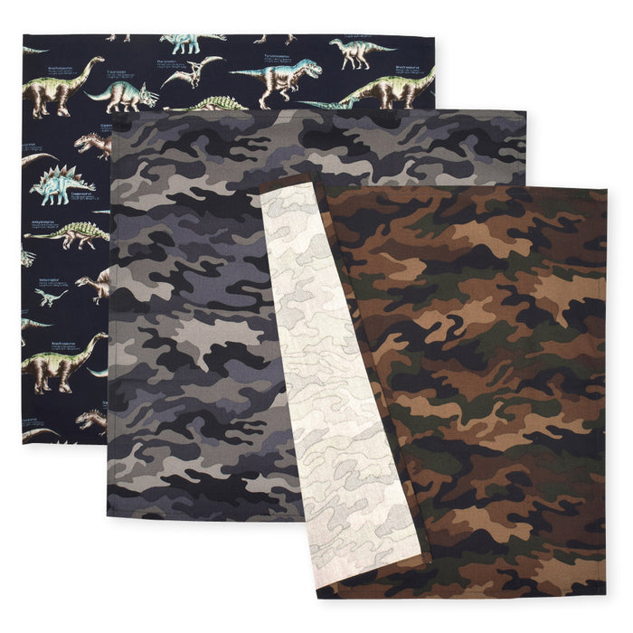 Lunch cloth/lunch napkin (45cm x 45cm) set of 3 different patterns Dinosaur/camouflage set 