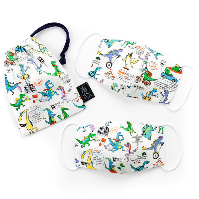 Set of 2 masks with purse (silver ion antibacterial gauze) Dinosaur Town is busy 