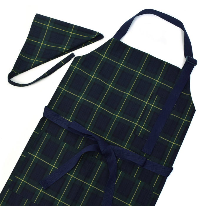 エプロン(150～フリーサイズ)三角巾付き タータンチェック・ダークグリーン