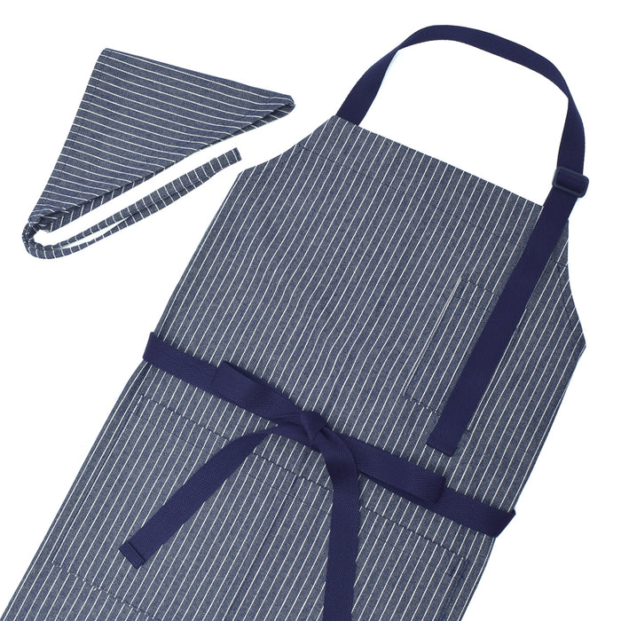 エプロン(150～フリーサイズ)三角巾付き ピンストライプ・インディゴ