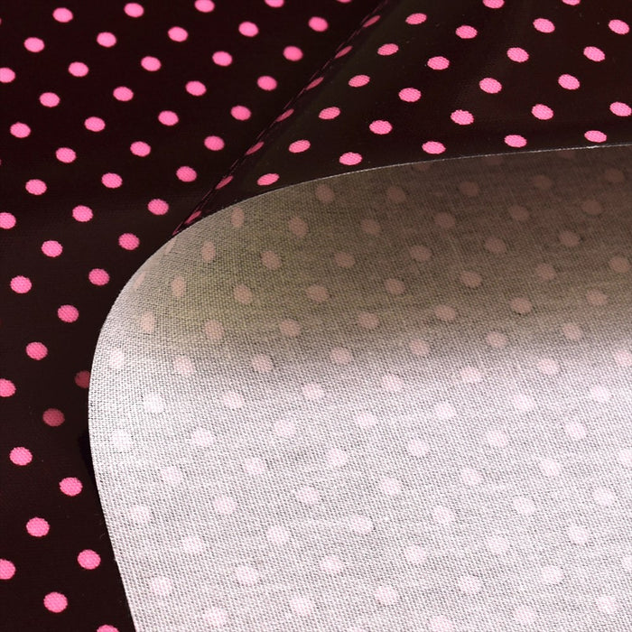 Polka dots (pink dots on chocolate) laminated 0.2mm fabric