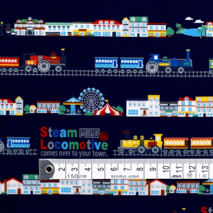 Locomotive Trip Around Europe (Navy) Laminated 0.2mm Fabric 