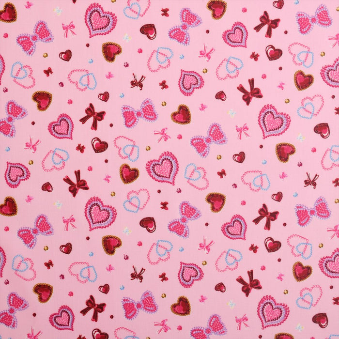 Glittering Beauty of Hearts and Ribbons (Scared/Pink) Laminated (Thickness 0.08mm) Fabric 