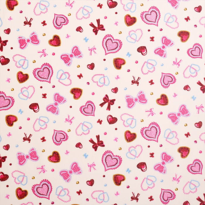 Glittering beauty of hearts and ribbons (scarce fabric, white) laminate (thickness 0.08mm) fabric 